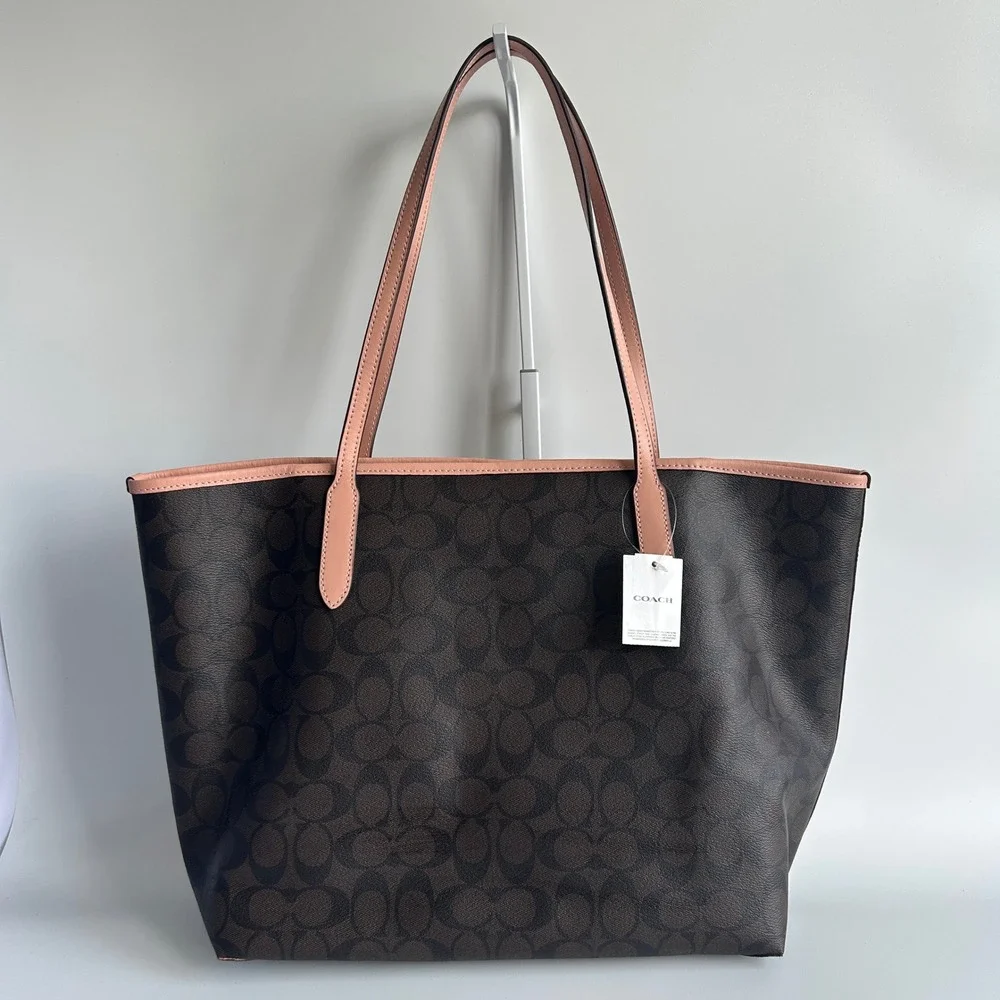 Coach City Tote Brown Dusty Pink Signature Canvas Leather Bag Excellent